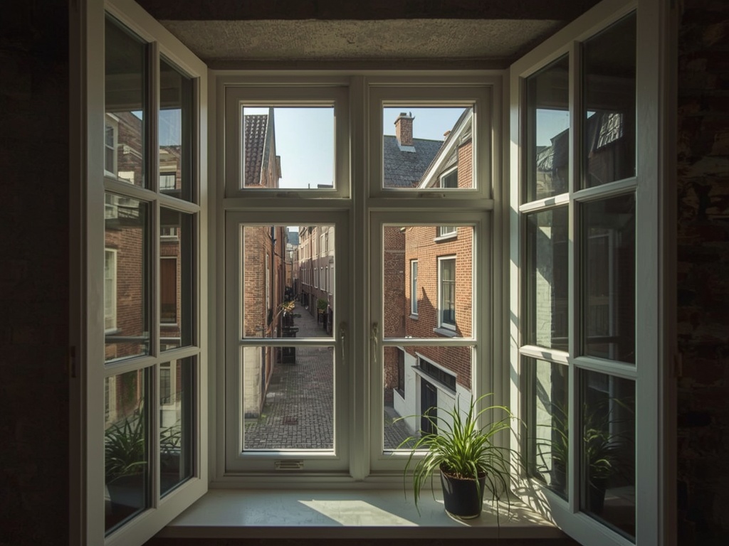 Interieur Maassluis stadspand met uitzicht door kunststof kozijnen op een keienstraatje
