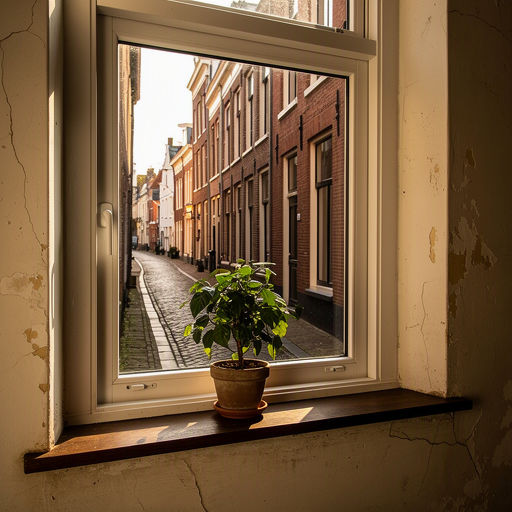 Interieur Rijswijks stadspand met uitzicht door kunststof kozijnen op straatje in het centrum