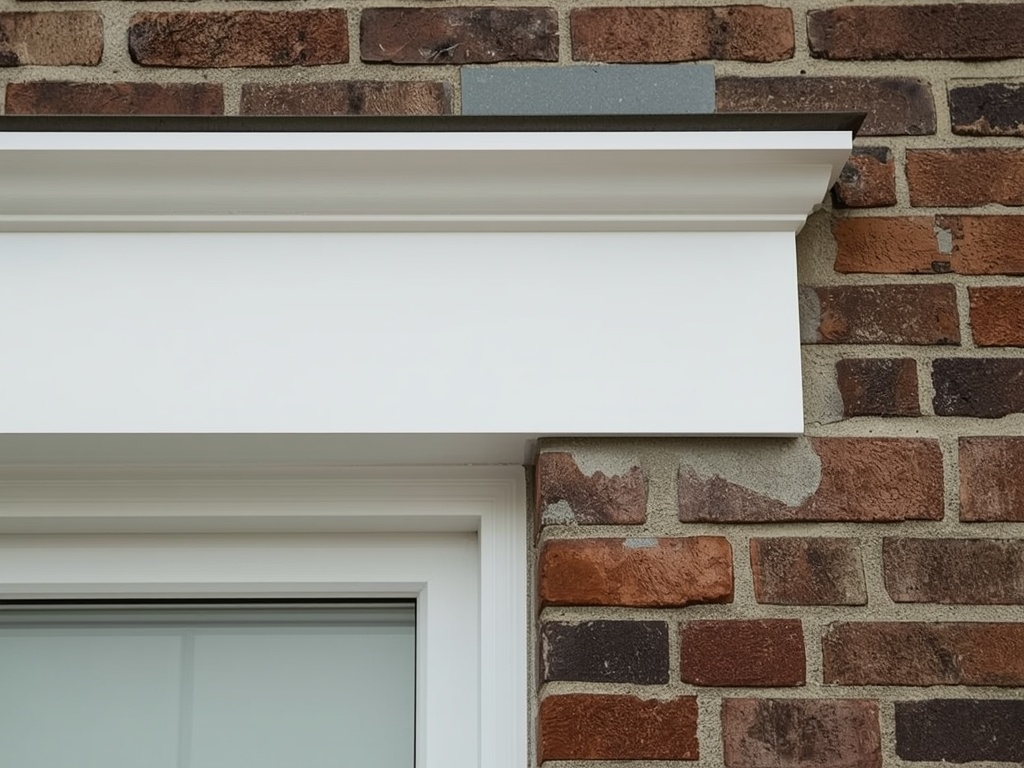 Close-up wit kunststof kozijn met raamdorpel op bakstenen gevel in Den Hoorn