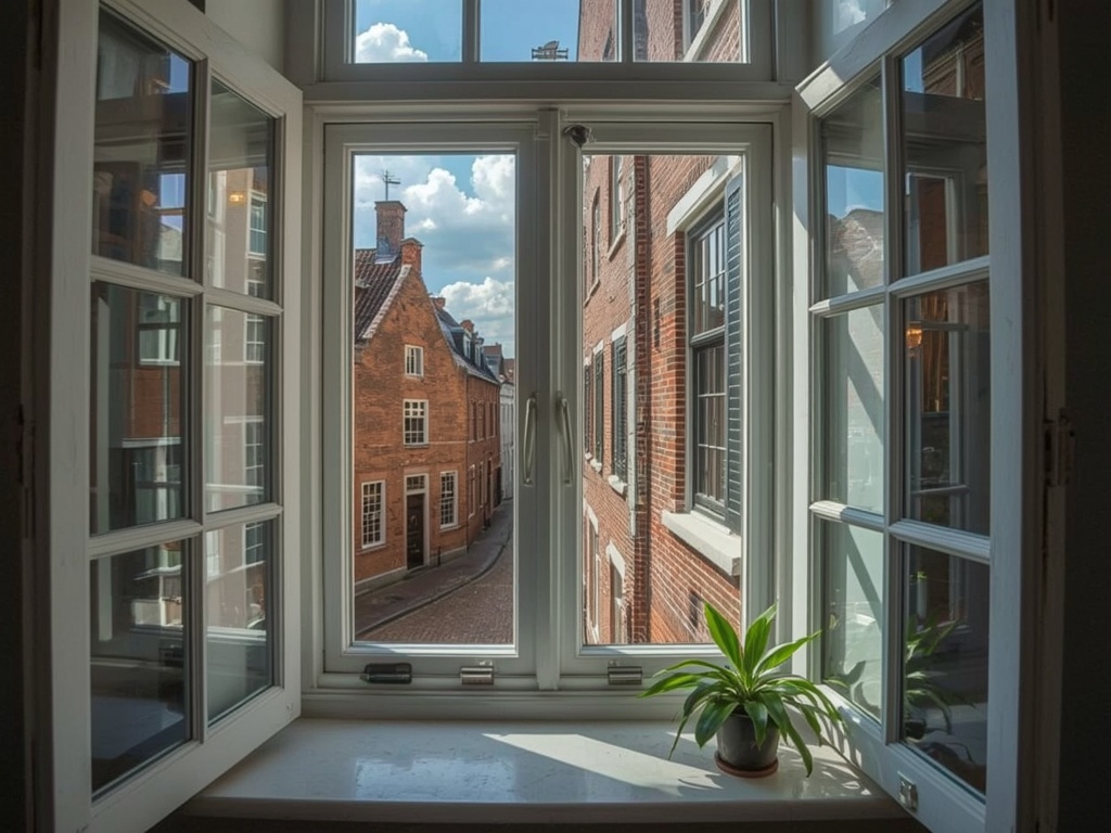 Interieur Wateringse woning met uitzicht door nieuwe kunststof kozijnen op binnentuin