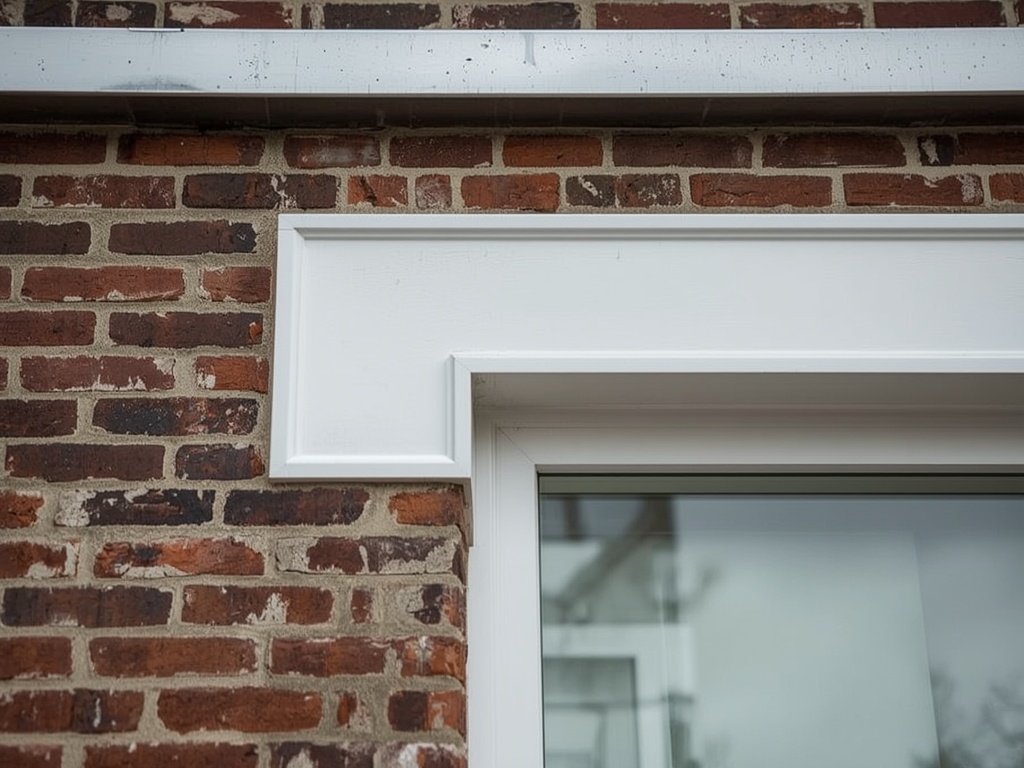 Detailopname wit kunststof kozijnprofiel met zinken dorpel op metselwerk van een woning in Schipluiden