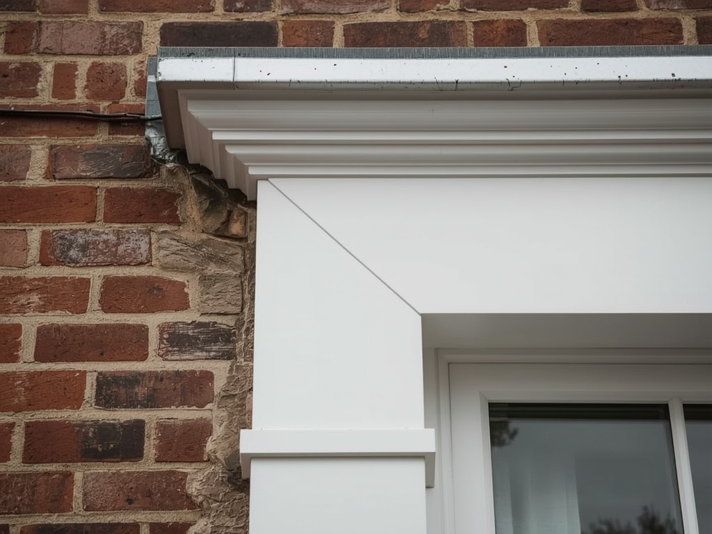 Close-up wit kunststof kozijn met zinken raamdorpel op bakstenen voorgevel in Nootdorp