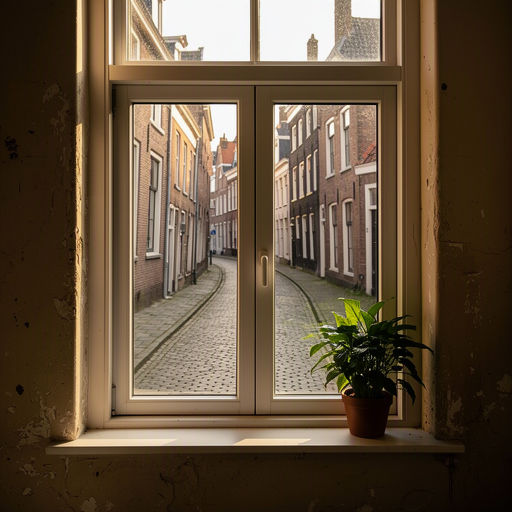 Binnenkant Schiedamse woning met uitzicht op historisch straatje door kunststof kozijnen