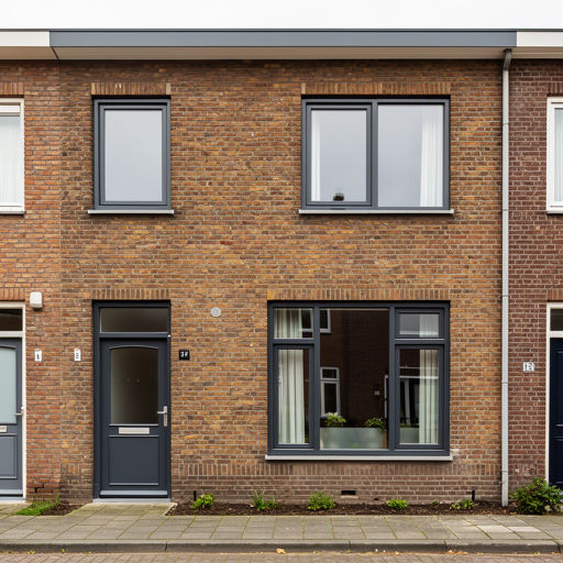 Rijtjeshuis in Naaldwijkse wijk Hoogeland met zwarte kunststof kozijnen en voordeur