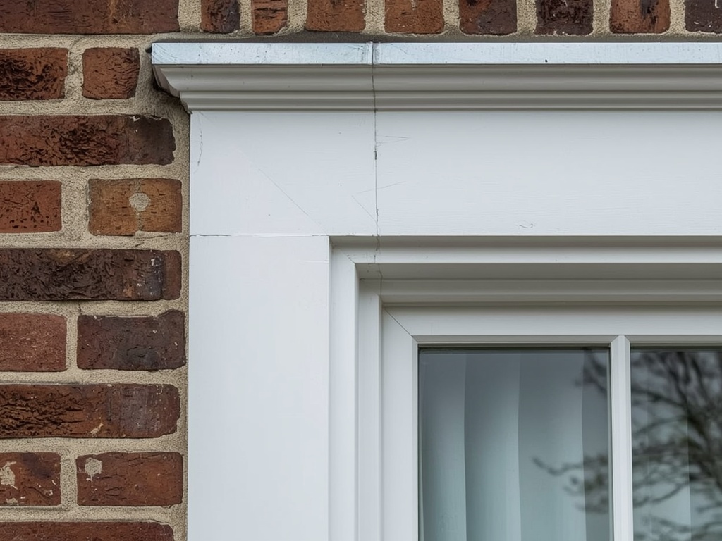 Close-up kunststof kozijn wit met zinken dorpel op bakstenen Delftse gevel