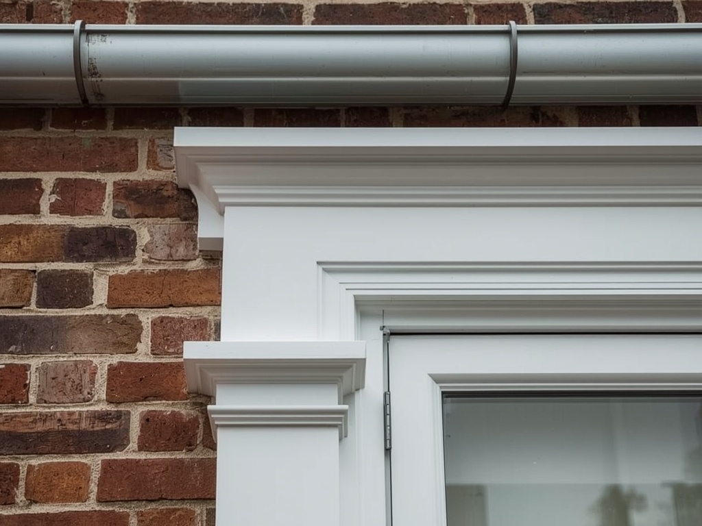Close-up van wit kunststof kozijn met keramische dorpel op bakstenen gevel in Rijswijk Oud