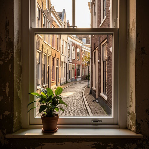 Interieur van een woning in Den Hoorn met uitzicht door kunststof kozijnen op tuin