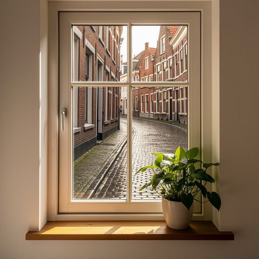 Interieur Delfts stadspand met uitzicht door kunststof kozijnen op keienstraatje