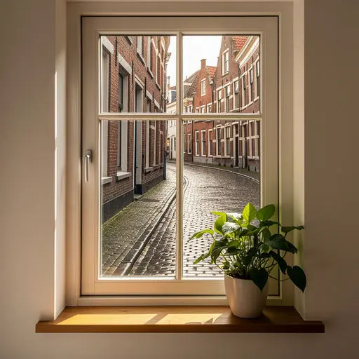 Interieur Delfts stadspand met uitzicht door kunststof kozijnen op keienstraatje