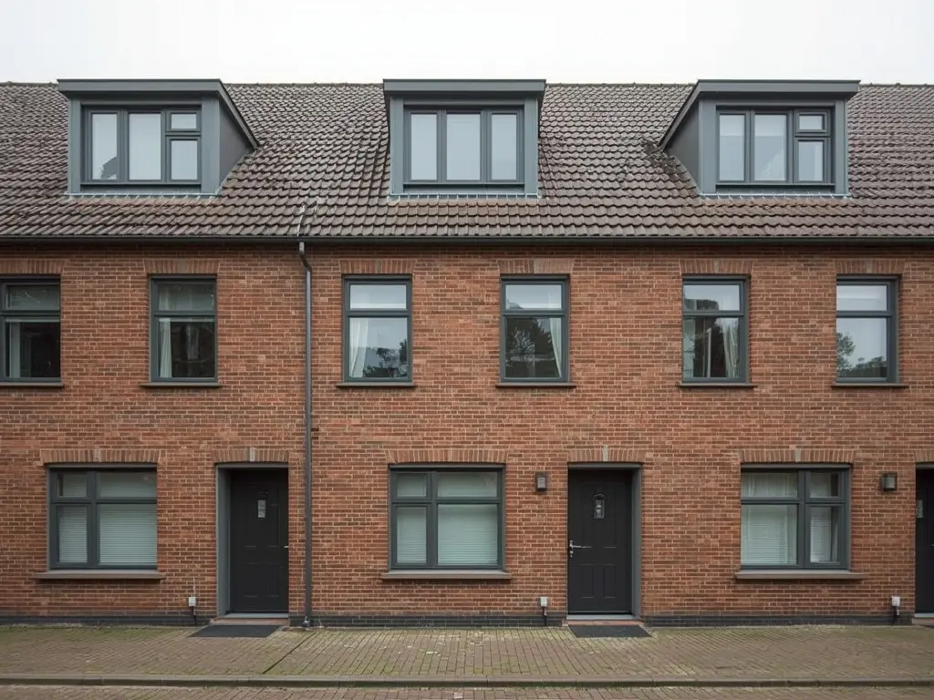 Rijtjeswoning Delft Voorhof wijk met antraciet kunststof kozijnen