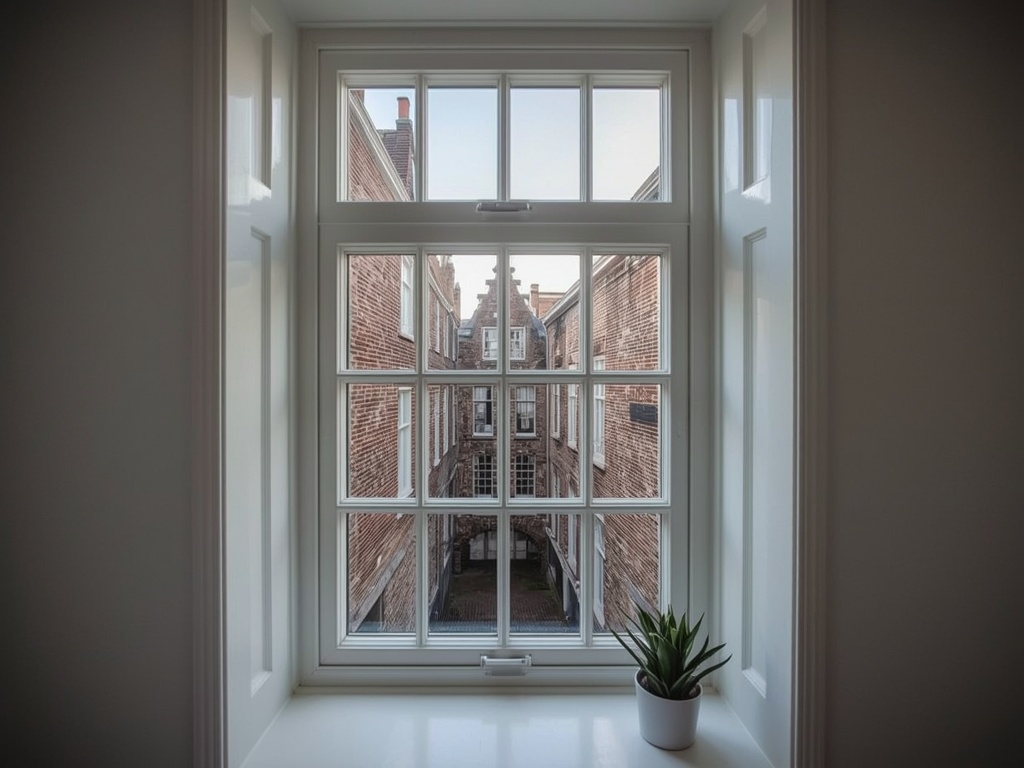 Interieur Westlands tuindershuis met uitzicht door kunststof kozijnen op een polderlandschap