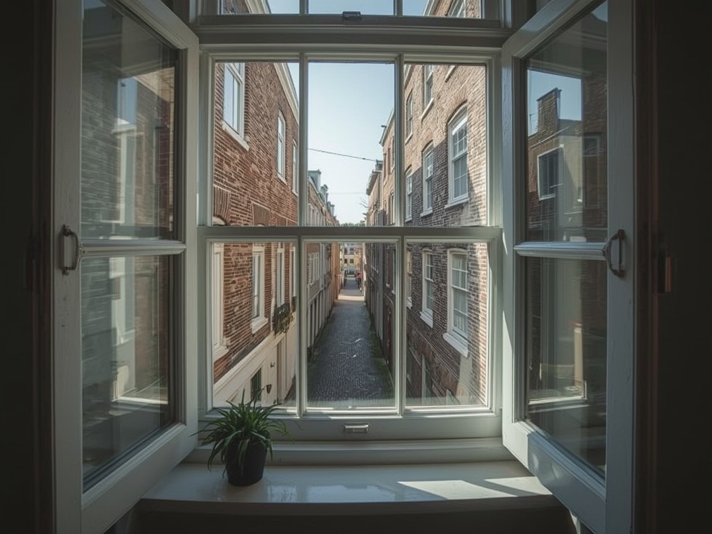 Interieur Vlaardings stadspand met uitzicht door kunststof kozijnen op keienstraatje