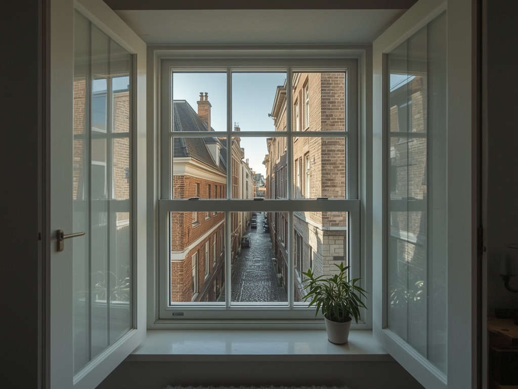 Interieur Delfts stadspand met uitzicht door kunststof kozijnen op keienstraatje