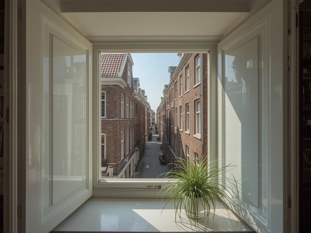 Interieur Haagse woning met uitzicht door kunststof kozijnen op boomrijke straat